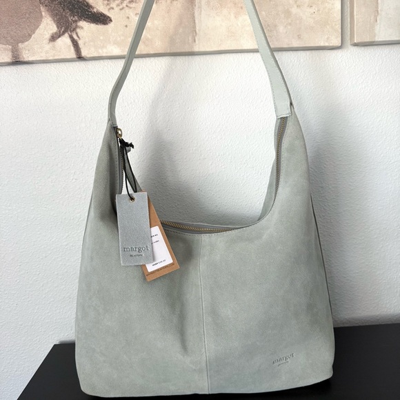 NEW MARGOT NEW YORK GABI MAXI HOBO GRAY BLUE SUEDE LEATHER SHOULDER BAG - Picture 2 of 15